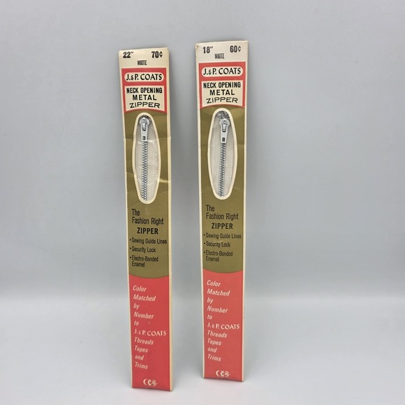 j&p coats Other - 2 ~ Vintage J & P Coats Neck Opening Metal Zippers‎ 18" & 22" White